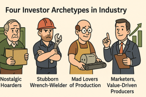 Infographic showing four industrial investor personality types: nostalgic hoarder, stubborn builder, passionate producer, and value-driven marketer.