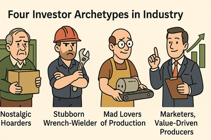 Infographic showing four industrial investor personality types: nostalgic hoarder, stubborn builder, passionate producer, and value-driven marketer.