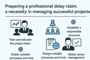 Infographic illustrating four key steps to preparing a professional delay claim in project management: team training, responsible structure, tool design, and senior management support.