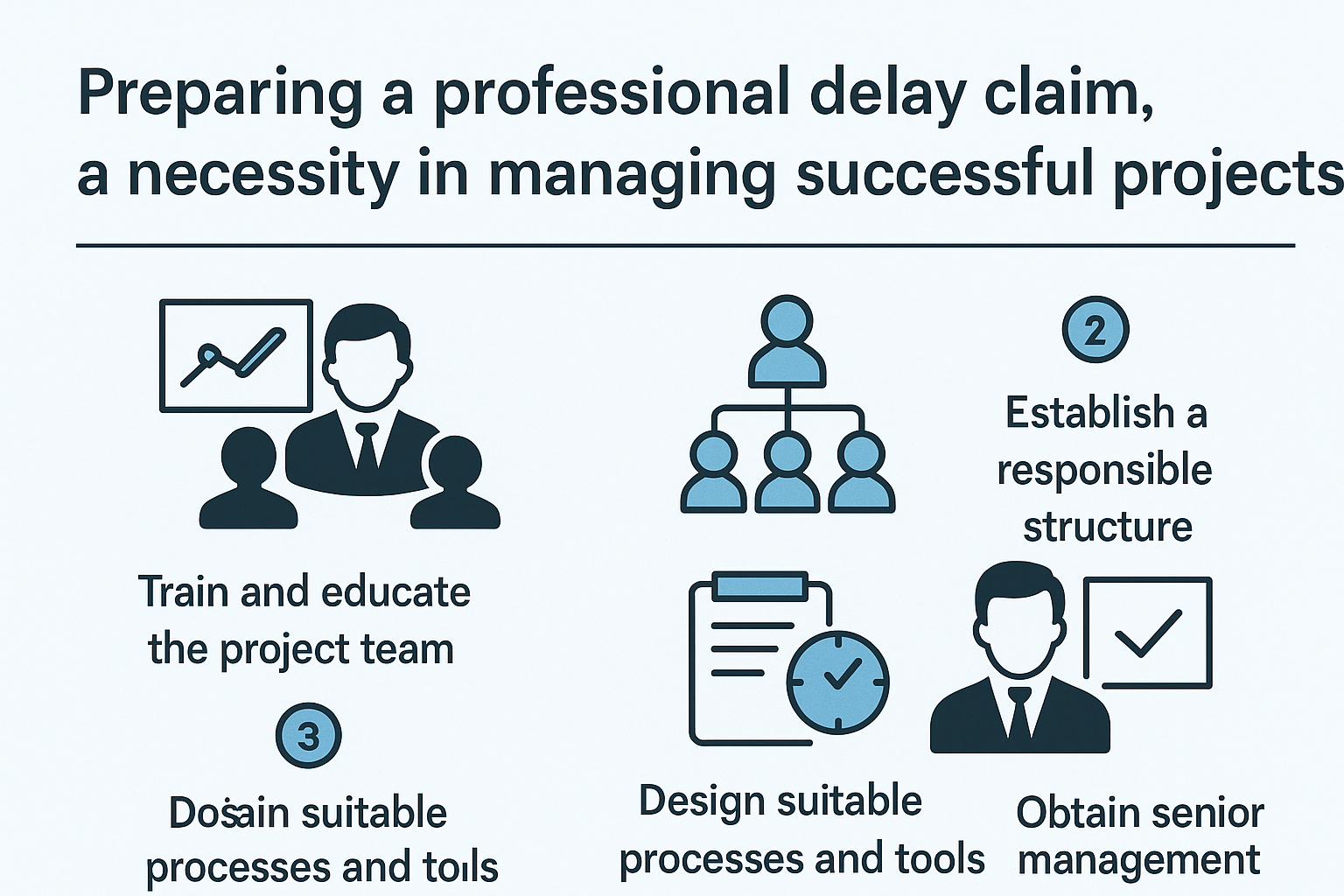 Infographic illustrating four key steps to preparing a professional delay claim in project management: team training, responsible structure, tool design, and senior management support.