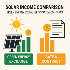 "Comparison of solar energy income between Green Energy Exchange and SATBA contract, illustrated with solar panels, bar charts, and contract icon."