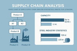 Infographic showing a simplified supply chain from raw materials (Product A) to steel production (Product D), alongside bar charts illustrating production capacity and steel industry statistics.