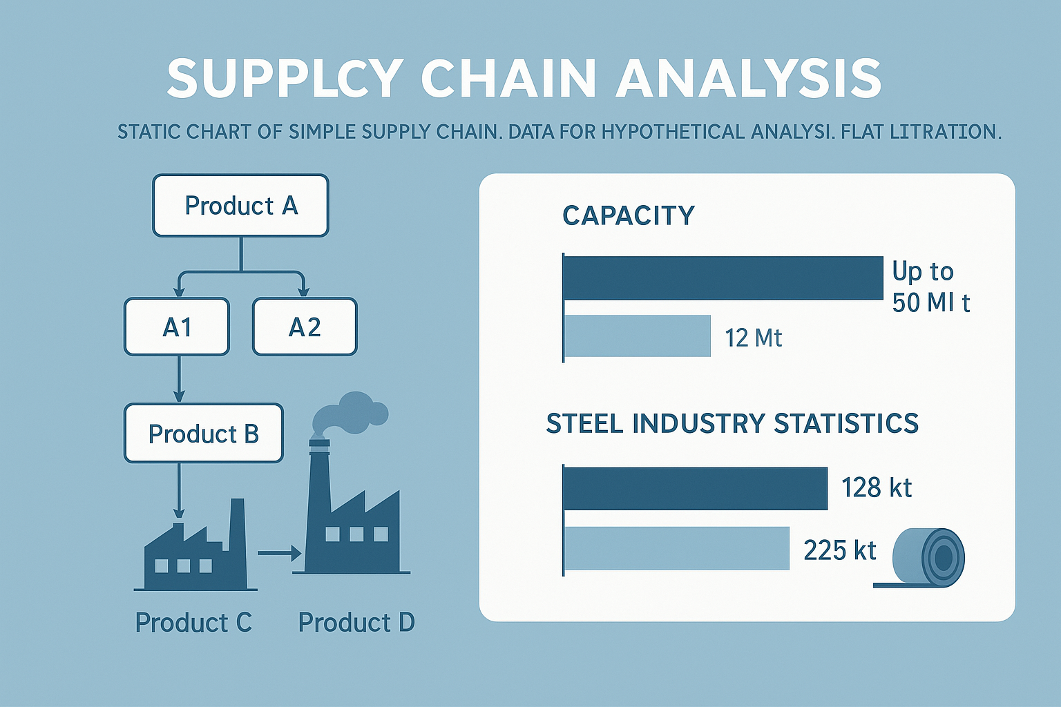 Infographic showing a simplified supply chain from raw materials (Product A) to steel production (Product D), alongside bar charts illustrating production capacity and steel industry statistics.