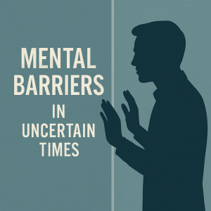Illustration of mental barriers in uncertain times — person facing invisible glass wall