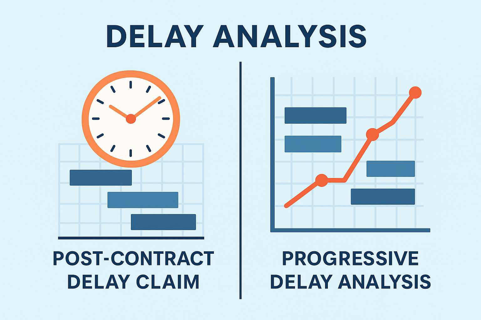 مقایسه دو مدل Delay Analysis با نماد ساعت، نمودار گانت و مسیر بحرانی پروژه.