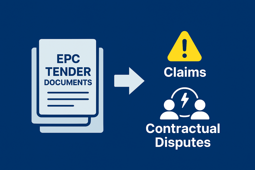 Infographic showing EPC Tender Documents leading to Claims and Contractual Disputes, with icons of documents, warning sign, and conflict figures.
