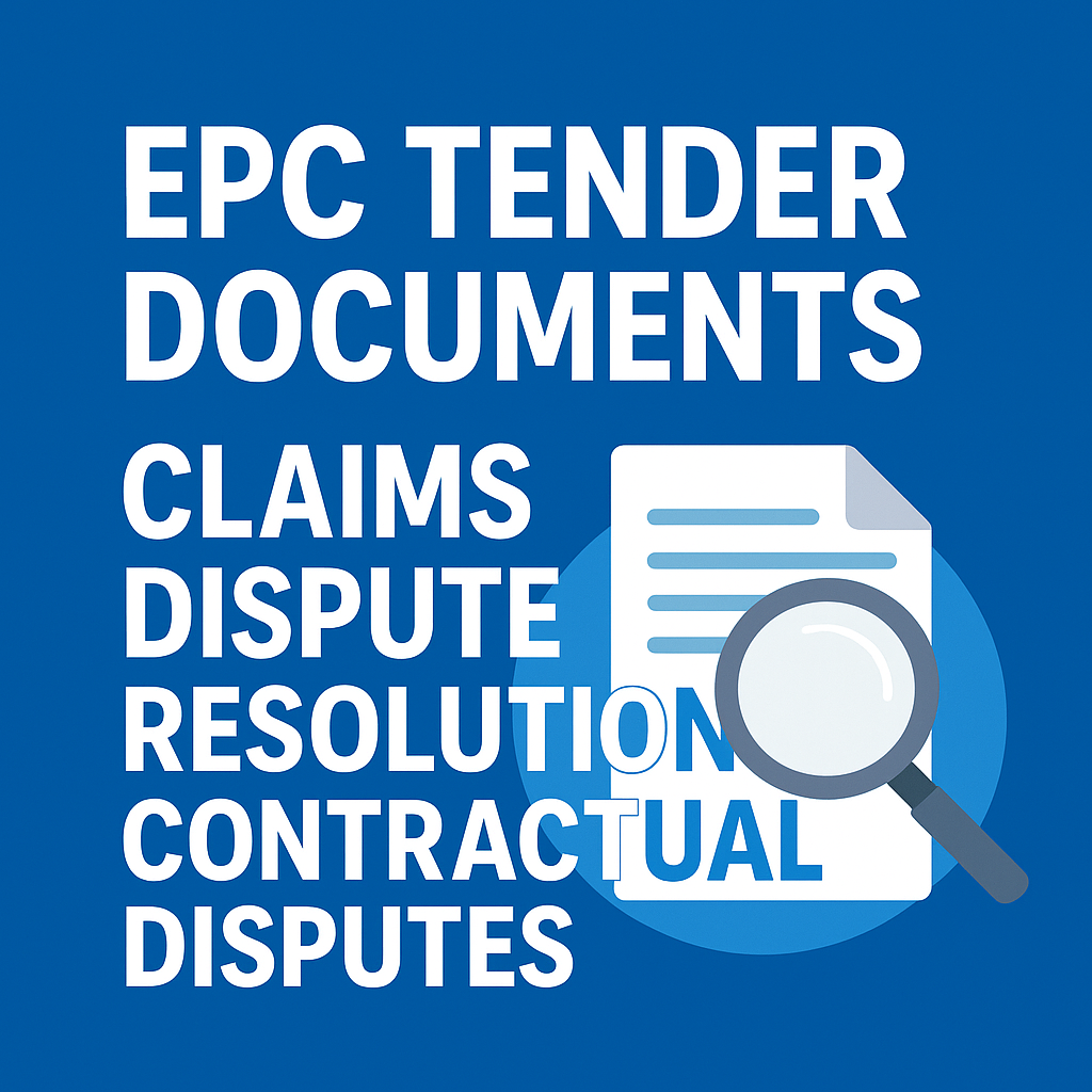 "EPC tender documents illustration with bold white text on blue background highlighting claims, dispute resolution, and contractual disputes, alongside a paper document and magnifying glass icon."