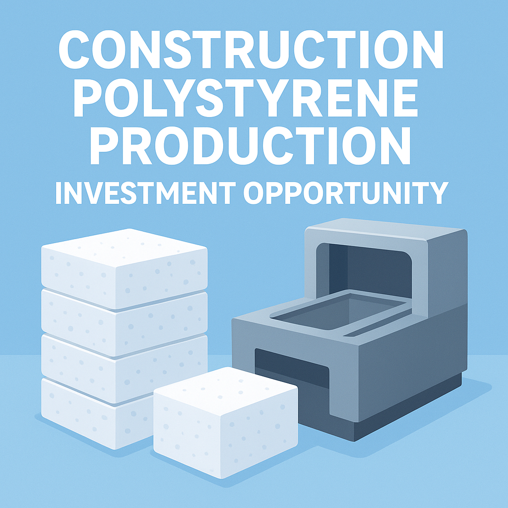 Construction polystyrene production blocks and investment opportunity graphic